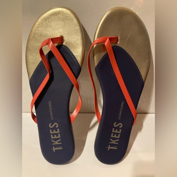 Tkees Sandals Womens Size 8 Leather Contours Colorblock Navy, Gold, Orange - Picture 1 of 8